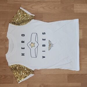 WONDER WOMAN White with Gold Sequin Sleeves Tee with 'Hero Vibes'
